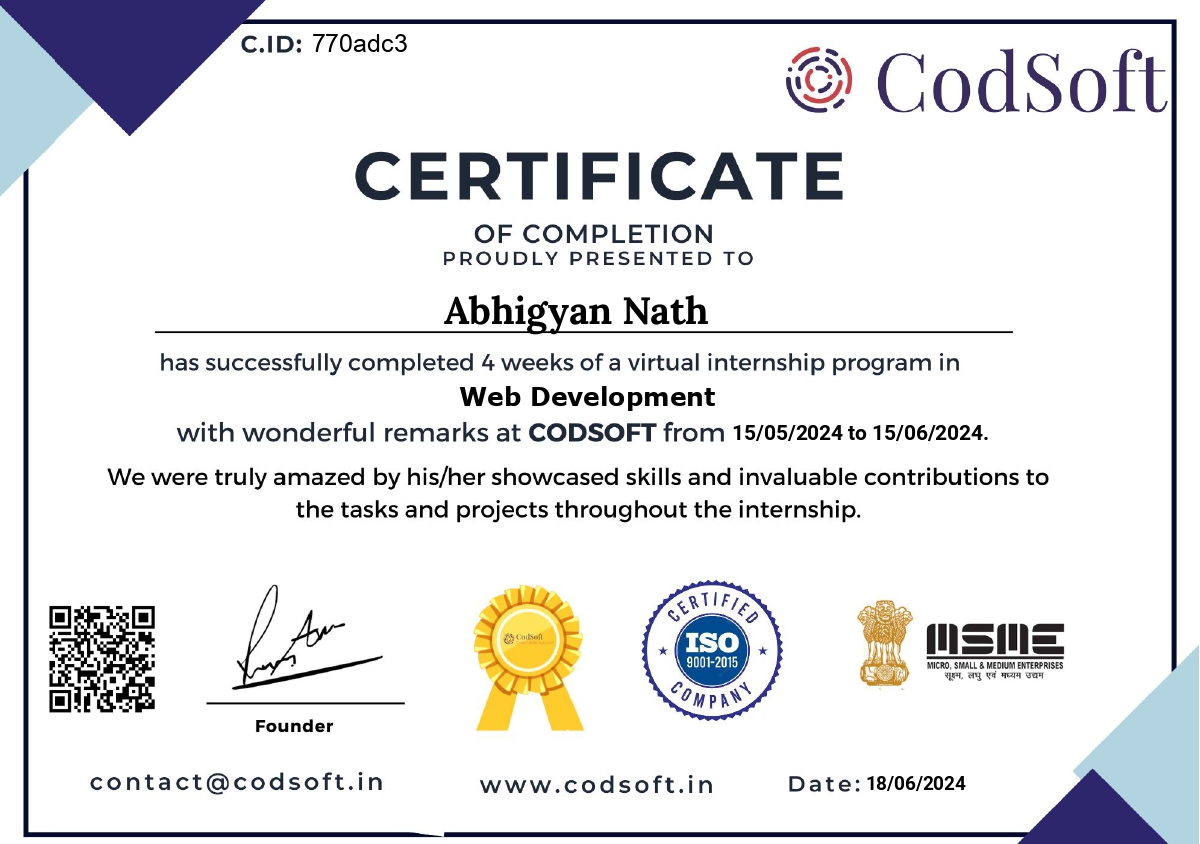 CodSoft web development internship certificate for Abhigyan Nath