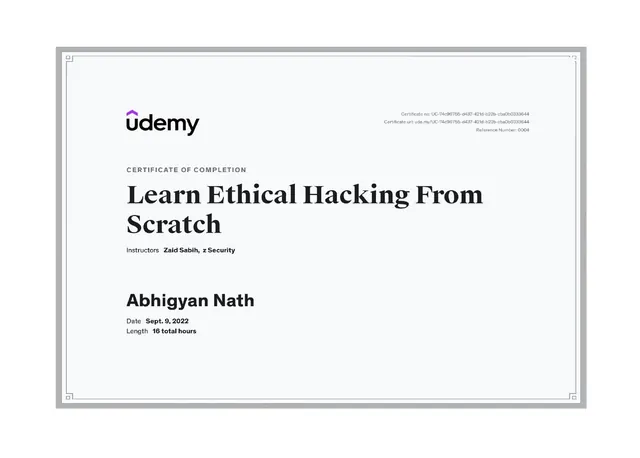 Learn Ethical Hacking From Scratch certificate