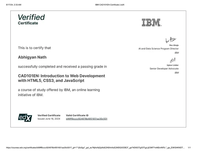 Web Development with HTML5, CSS3 & JavaScript certificate