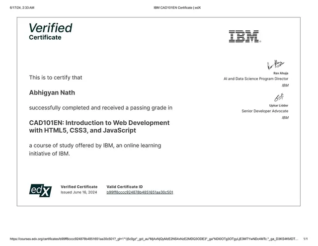Web Development with HTML, CSS & JavaScript certificate