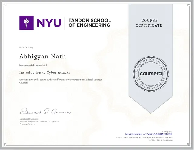 Introduction to Cyber Attacks certificate