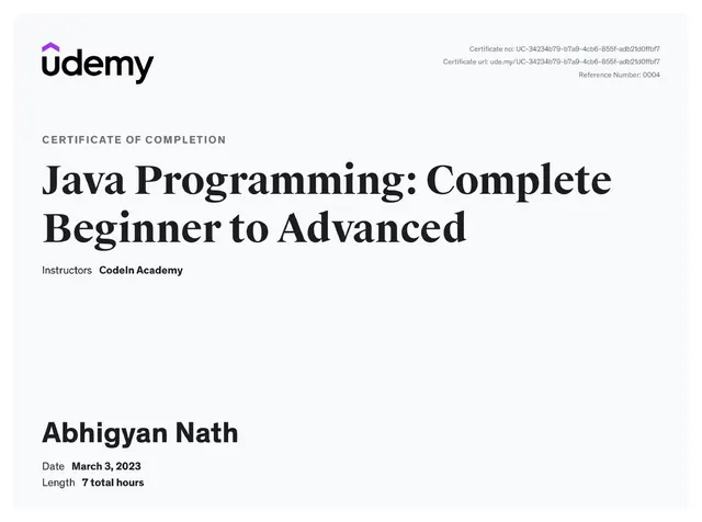 Java Programming: Beginner to Advanced certificate