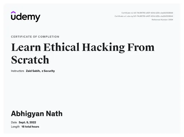 Learn Ethical Hacking From Scratch certificate