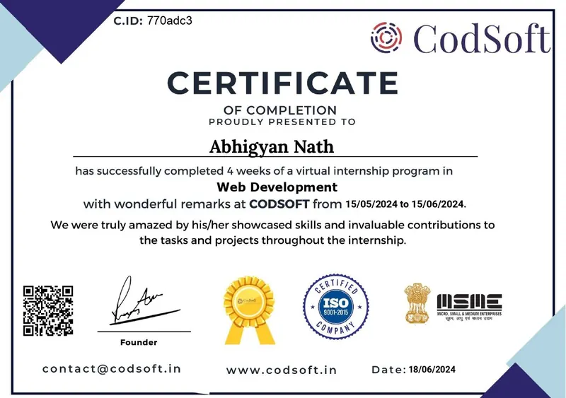 CodSoft Web Development internship certificate