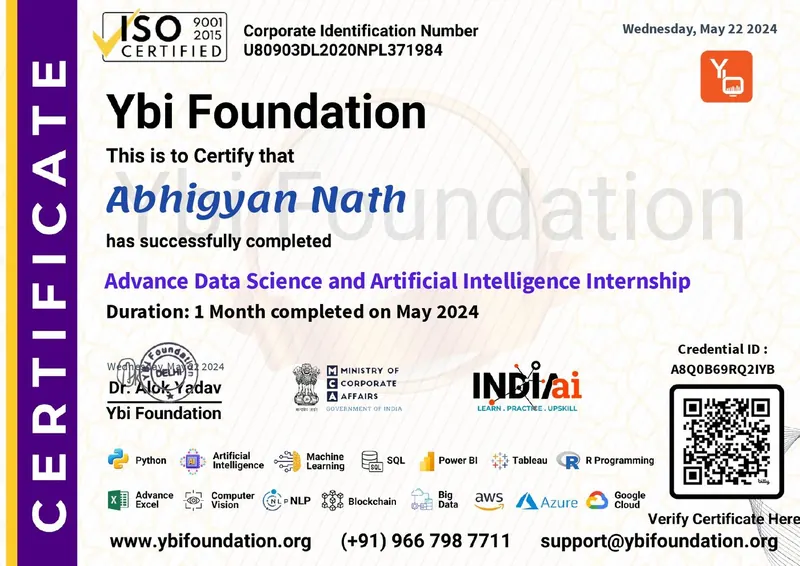 YBI Foundation Data Science, AI and Data Analytics internship certificate
